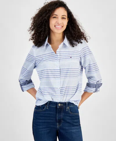 Tommy Hilfiger Women's Beach Stripe Cotton Roll-tab Shirt In Blue Multi