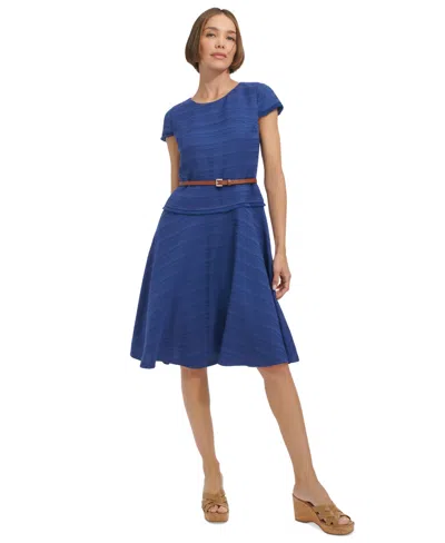 Tommy Hilfiger Women's Belted Cap-sleeve Fit & Flare Dress In Gulf Blue