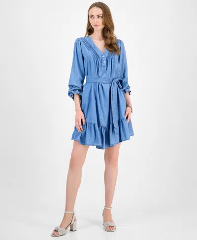Tommy Hilfiger Women's Belted Ruffled Chambray Dress In Blue