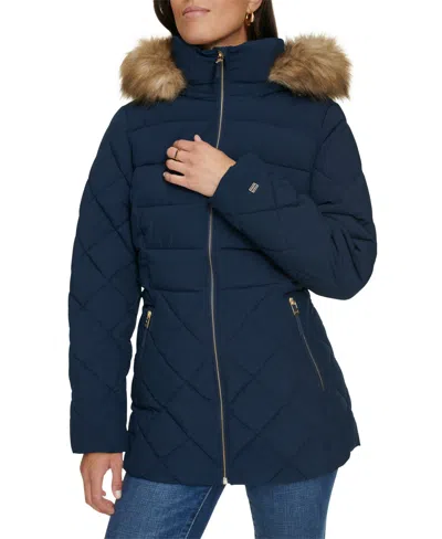 Tommy Hilfiger Women's Bibbed Faux-fur-trim Hooded Puffer Coat, Created For Macy's In Navy