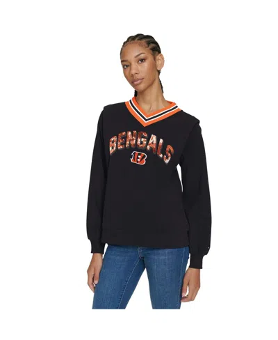 Tommy Hilfiger Women's Black Cincinnati Bengals Alice V-neck Pullover Sweatshirt