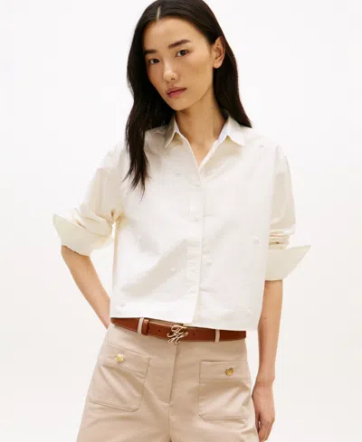 Tommy Hilfiger Embellished Cropped Poplin Shirt In White