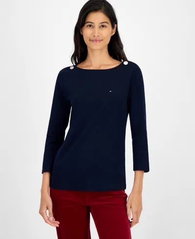 Tommy Hilfiger Women's Boat-neck 3/4-sleeve Top In Blue