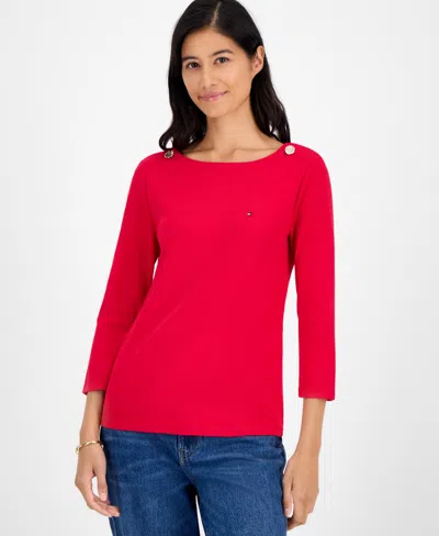 Tommy Hilfiger Women's Boat-neck 3/4-sleeve Top In Red