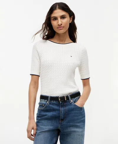 Tommy Hilfiger Women's Boat Neck Short-sleeve Cotton Sweater In White
