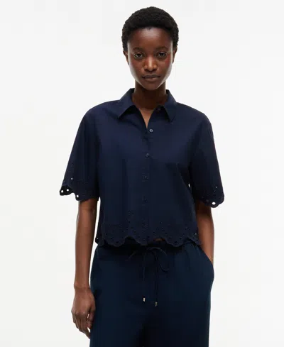 Tommy Hilfiger Women's Broderie Short-sleeve Cotton Shirt In Blue