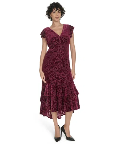 Tommy Hilfiger Women's Burnout Velvet Ruffled High-low Dress In Burgundy