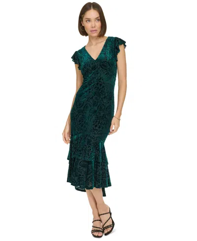 Tommy Hilfiger Women's Burnout Velvet Ruffled High-low Dress In Hunter