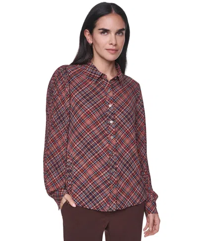 Tommy Hilfiger Women's Button-front Pleated Plaid Long-sleeve Blouse In Burgundy