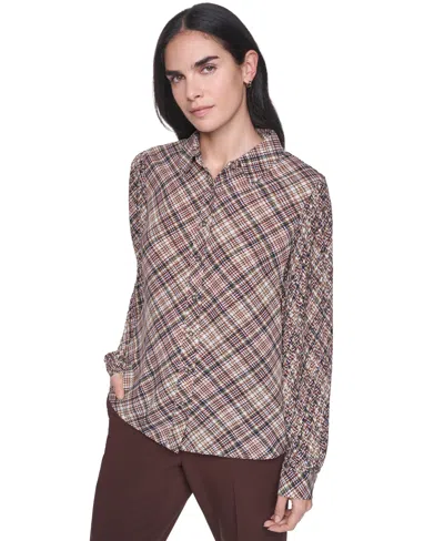 Tommy Hilfiger Women's Button-front Pleated Plaid Long-sleeve Blouse In Brown