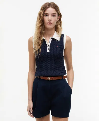 Tommy Hilfiger Women's Cable Knit Collared Polo Sweater In Blue