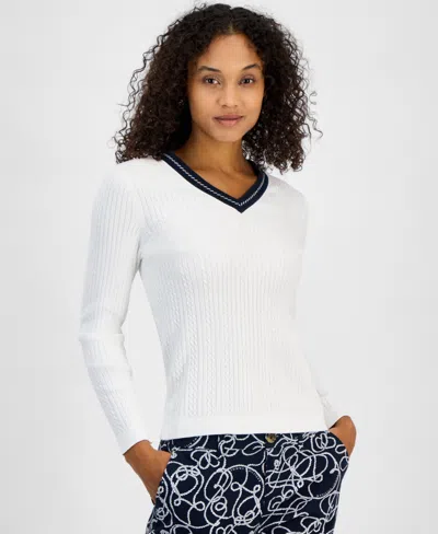 Tommy Hilfiger Women's Cable-knit Cotton Sweater In Bright White Multi