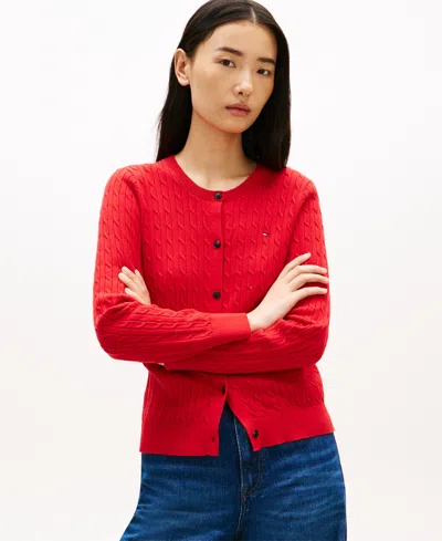 Tommy Hilfiger Women's Cable Knit Crewneck Cardigan Sweater In Red
