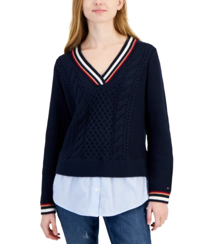 Tommy Hilfiger Women's Cable-knit Layered-look Sweater In Blue