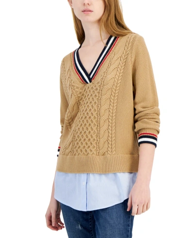 Tommy Hilfiger Women's Cable-knit Layered-look Sweater In Tannin Mul