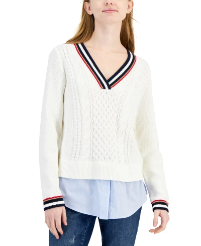Tommy Hilfiger Women's Cable-knit Layered-look Sweater In White