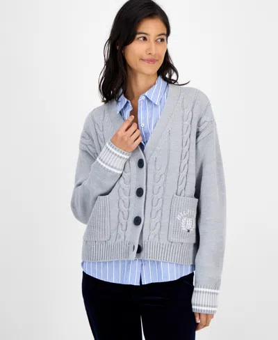 Tommy Hilfiger Women's Cable-knit Varsity Cardigan In Gray