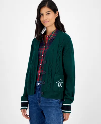 Tommy Hilfiger Women's Cable-knit Varsity Cardigan In Green