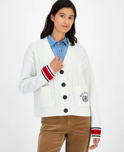 Tommy Hilfiger Women's Cable-knit Varsity Cardigan In White