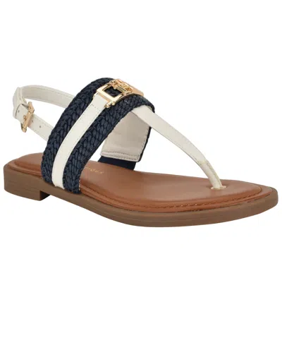 Tommy Hilfiger Women's Carree T-strap Flat Sandals In Navy,white