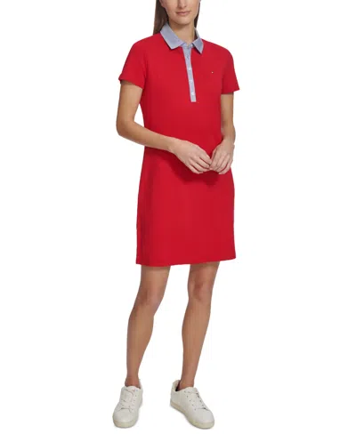 Tommy Hilfiger Women's Chambray-collar Short Polo Dress In Red