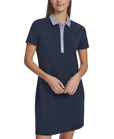 Tommy Hilfiger Women's Chambray-collar Short Polo Dress In Navy