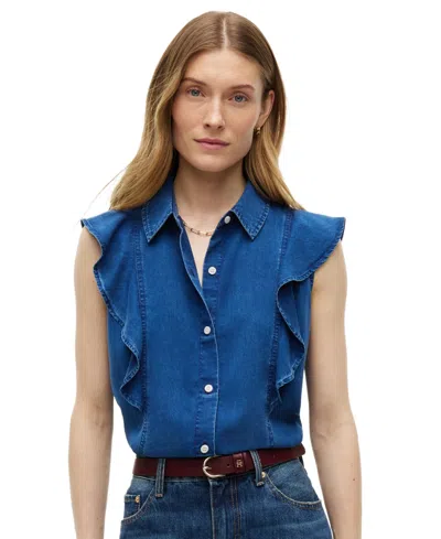 Tommy Hilfiger Women's Chambray Frill Sleeveless Button-front Shirt In Mid Blue