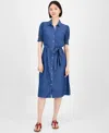 Tommy Hilfiger Women's Chambray Puff-sleeve Midi Dress In Blue
