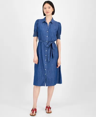 Tommy Hilfiger Women's Chambray Puff-sleeve Midi Dress In Blue