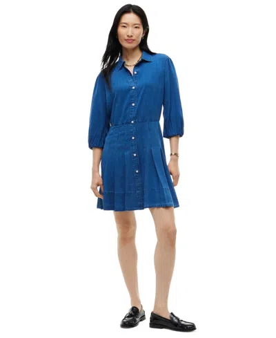 Tommy Hilfiger Women's Chambray Puff-sleeve Polo Collar Dress In Mid Blue