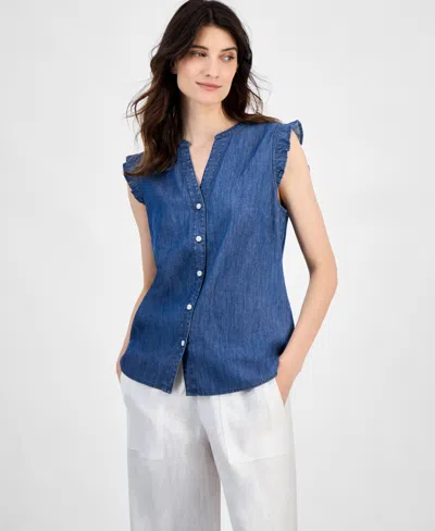 Tommy Hilfiger Women's Chambray Ruffled Shirt In Brown