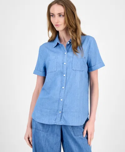 Tommy Hilfiger Women's Chambray Short-sleeve Camp Shirt In Multi