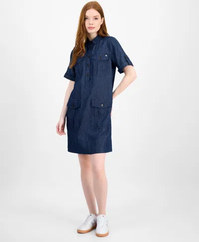 Tommy Hilfiger Women's Chambray Utility Popover Dress In Blue