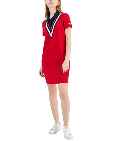 Tommy Hilfiger Women's Chevron Colorblocked Polo Dress In Medium Red