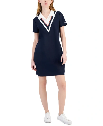 Tommy Hilfiger Women's Chevron Colorblocked Polo Dress In Navy
