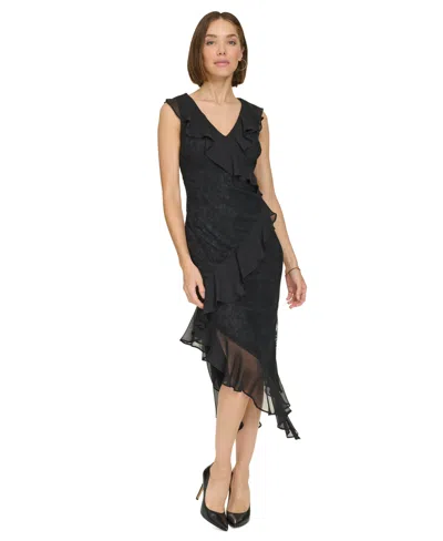 Tommy Hilfiger Women's Chiffon-ruffled Lace Dress In Black