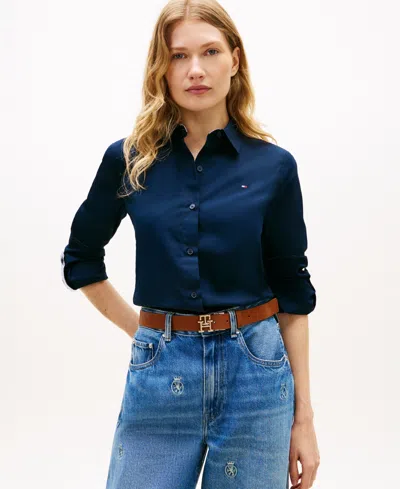Tommy Hilfiger Women's Classic Poplin Roll-tab Long-sleeve Shirt In Blue