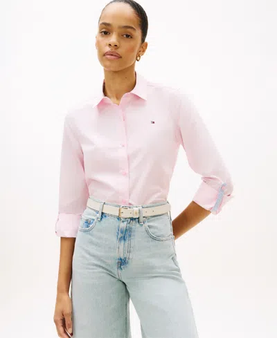 Tommy Hilfiger Women's Classic Poplin Roll-tab Long-sleeve Shirt In Pink