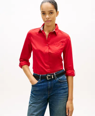Tommy Hilfiger Women's Classic Poplin Roll-tab Long-sleeve Shirt In Red
