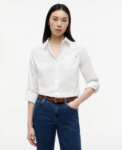 Tommy Hilfiger Women's Classic Poplin Roll-tab Long-sleeve Shirt In White