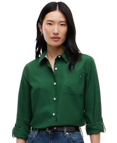 Tommy Hilfiger Women's Classic Poplin Roll-tab Long-sleeve Shirt In Green