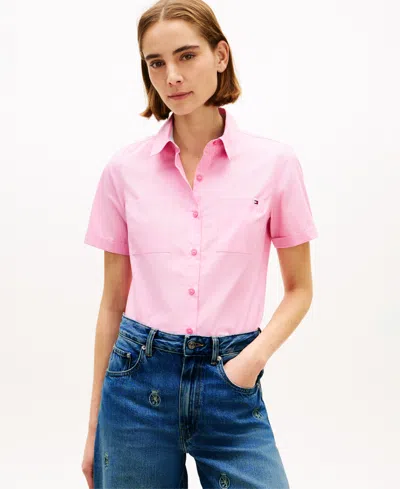 Tommy Hilfiger Women's Classic Poplin Solid Short-sleeve Shirt In Pink