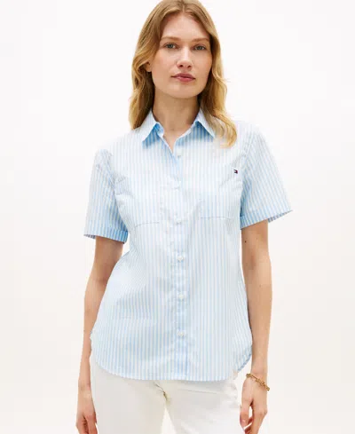 Tommy Hilfiger Women's Classic Poplin Solid Short-sleeve Shirt In Blue