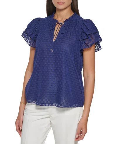 Tommy Hilfiger Women's Clip-dot Ruffled-sleeve Tie-neck Woven Blouse In Midnight