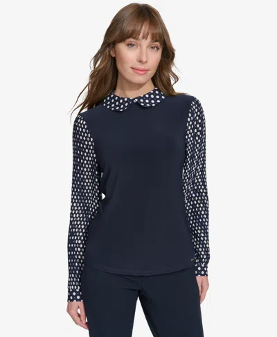 Tommy Hilfiger Women's Collared Pleated-sleeve Top In Mdnght,ivr