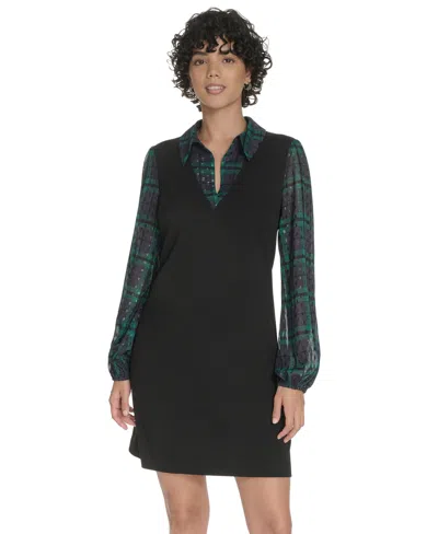 Tommy Hilfiger Women's Collared V-neck Plaid Dress In Black