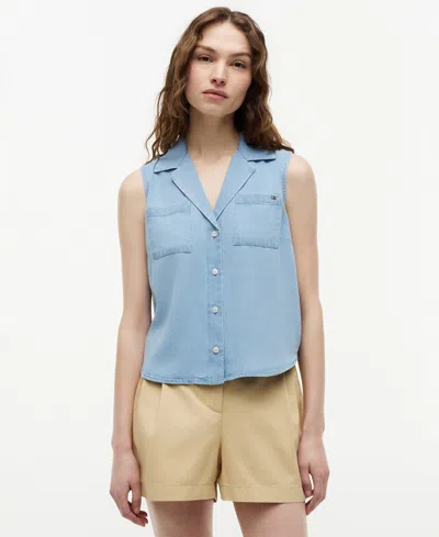 Tommy Hilfiger Women's Collared V-neck Sleeveless Shirt In Blue