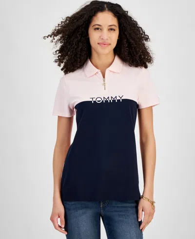 Tommy Hilfiger Women's Colorblock Logo Zip-front Polo Shirt In Balrna Pnk