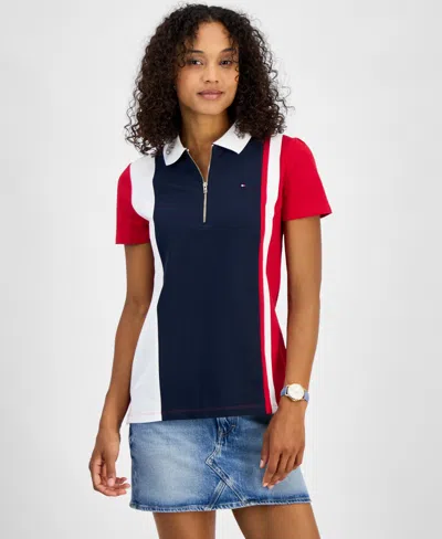 Tommy Hilfiger Women's Colorblocked Quarter-zip Polo Shirt In Scarlet Multi