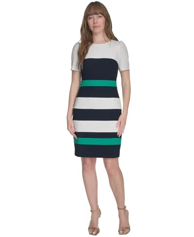 Tommy Hilfiger Women's Colorblocked Scuba-crepe Dress In Ivory,navy,parakeet